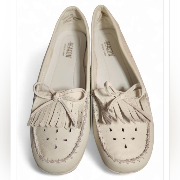 Beacon White Leather Slip On loafer Sz7 Fisherman Aesthetic Preppy Coastal Cool - Picture 4 of 9